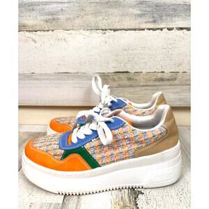 Rieker Womens 8 Jessy 12 Platform Sneakers Tweed Lace Up Orange Multi  Trendy